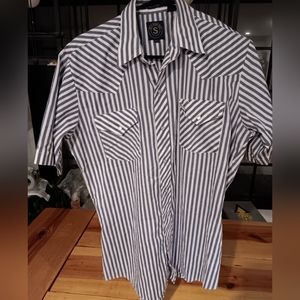 Vintage Running S short sleeve pearl snap button down, size 15.5, white gray